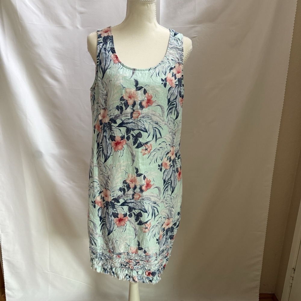 Tommy Bahama Ruffle Linen Shift Dress Lined Pockets Sz: M Seafoam Coastal Beach